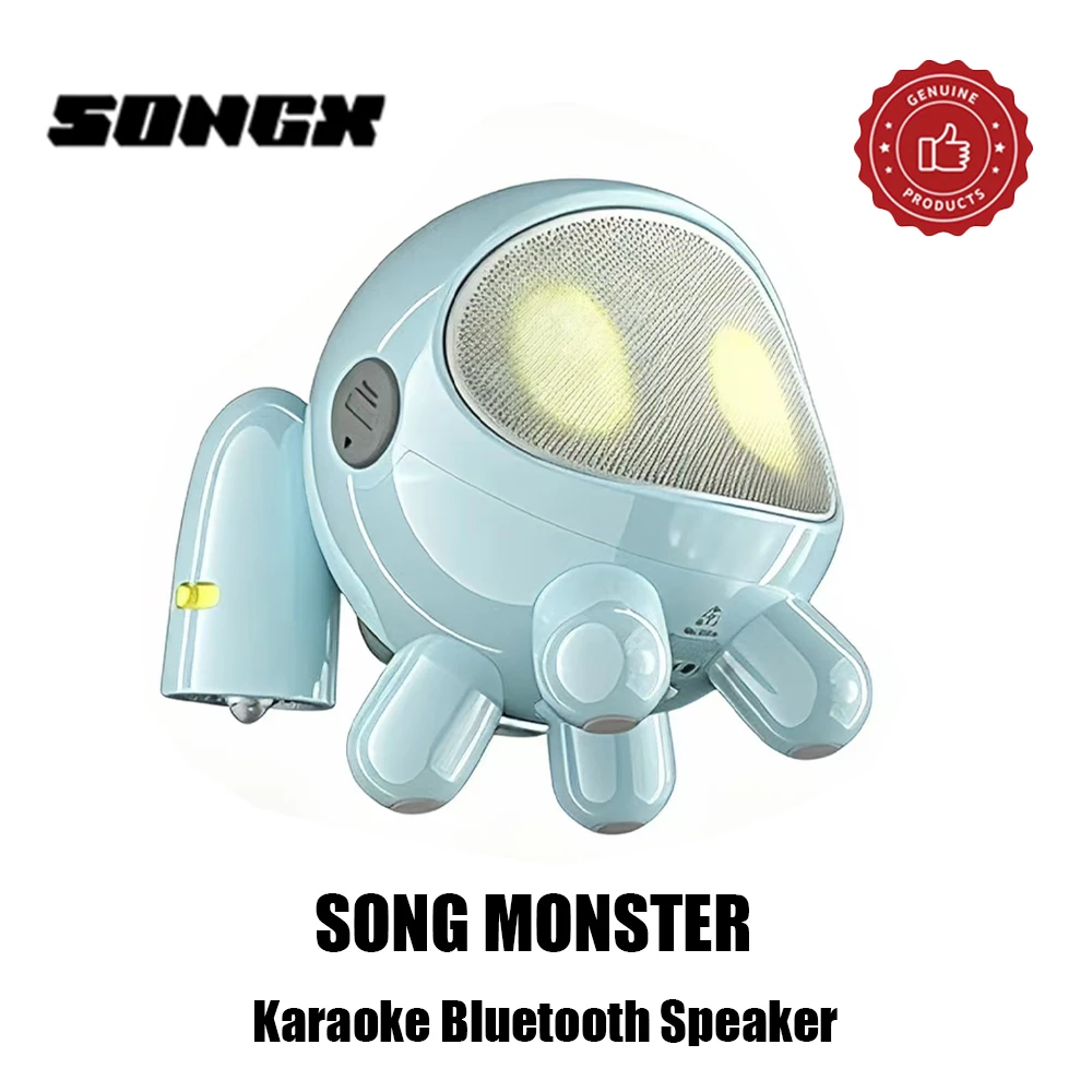 Фото SONGX SONGMONSTER Милый робот-караоке-колонка Bluetooth с 2 беспроводными микрофонами, портативная домашняя мини-колонка KTV, HIFI стерео №1