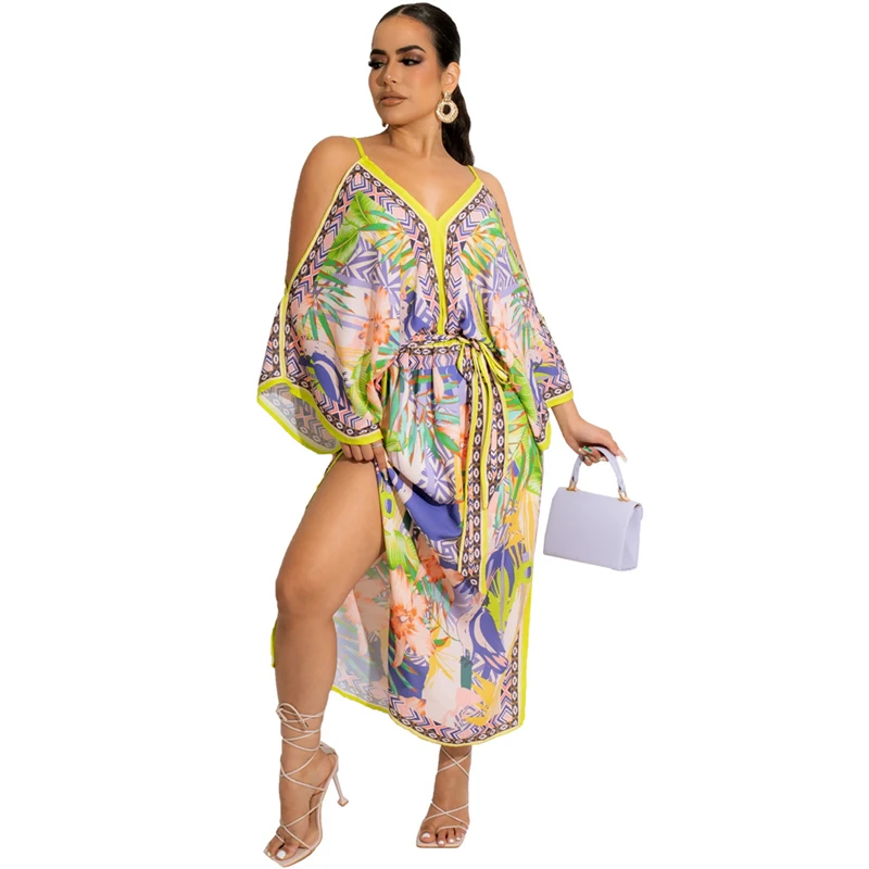 

Women Summer Bohemia Dress Sexy V Neck Spaghetti Straps Off Shoulder Long Sleeve High Split Loose Casual Beach Cover Ups Outfits