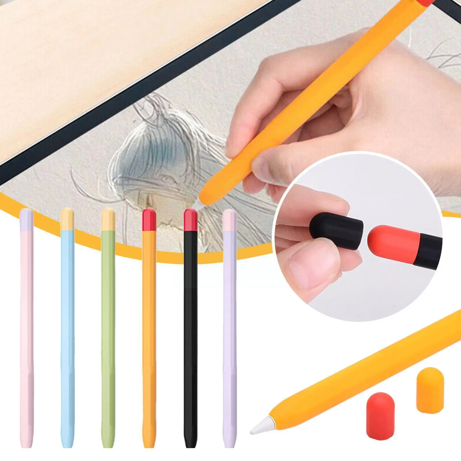 

For Apple Pencil 1st 2nd Gen Silicone Grip Pencils Case Sleeve Pad Stylus Pen Soft Cover Holder With 2pcs Pen Hat For IPad U0F4
