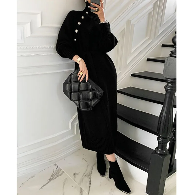 

Elegant Evening Party Dress Knitted Diagonal Colla Sash Tie Up Autumn Winter Mid-calf Fashion Pullover Sweater Dresses Vintage