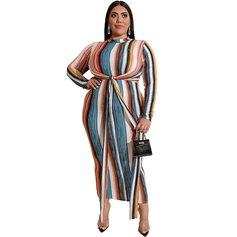 Plus Size Women Elegant Dresses Fashion Colorful Stripes Tight Straps Dress Casual Commute Large Size Female Long Sleeve Dresses