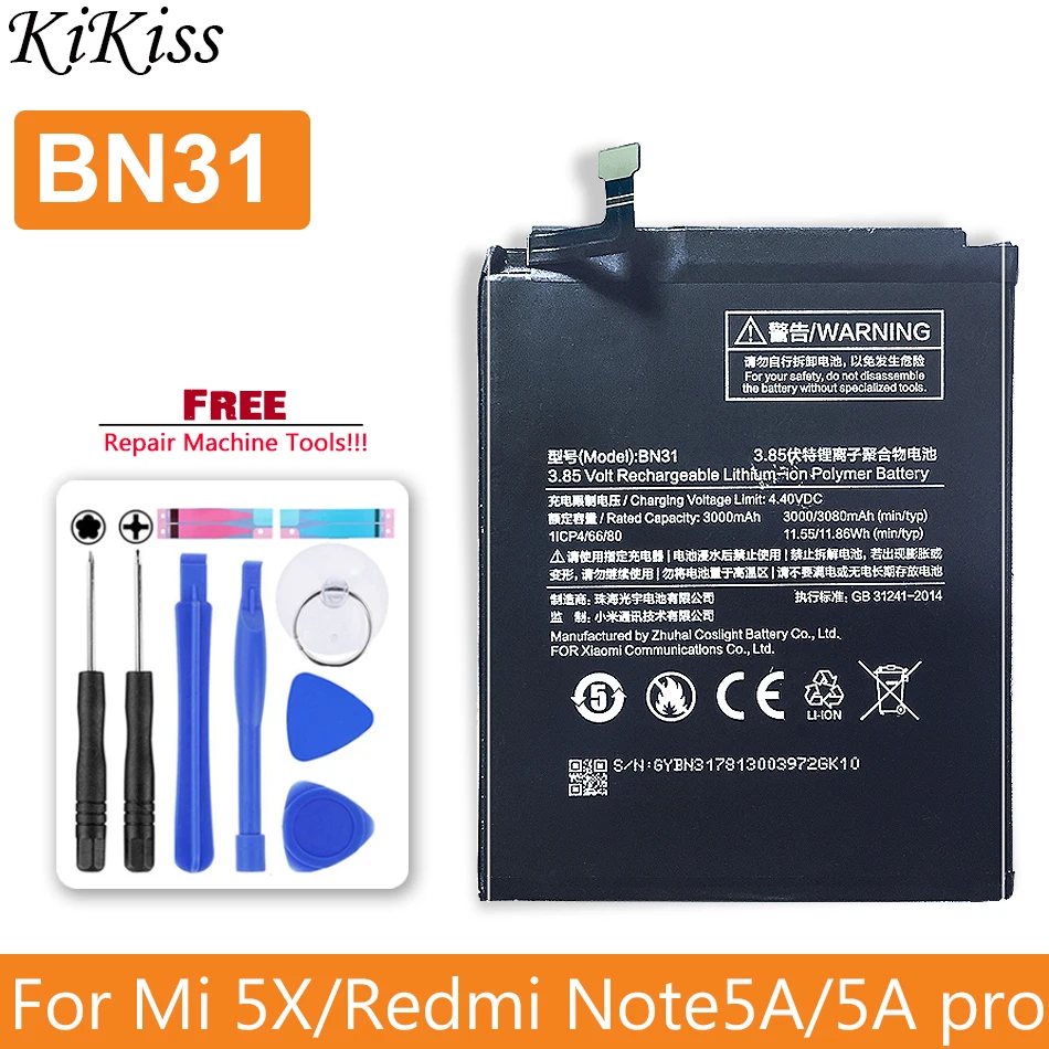 

BN31 Battery for Xiaomi Xiao Mi 5X Mi5X Redmi Note 5A / Pro Mi A1 Redmi Y1 Lite S2 BN 31 BN-31 3000mAh Track Code
