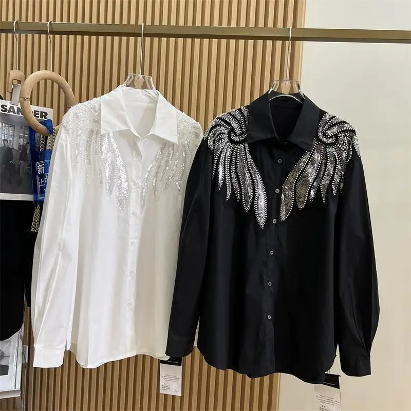 Блузка женская с блестками роскошная Свободная рубашка и крыльями Длинный топ