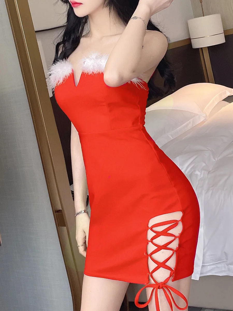 

Женское рождественское мини-платье, летнее сексуальное платье на бретелях-спагетти с плюшевым бюстгальтером с V-образным вырезом, обтягивающее летнее короткое платье для ночного клуба