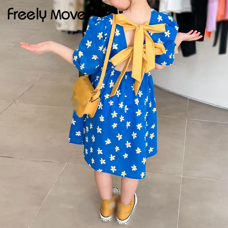 

Freely Move New Girls Kids Elegant Causal Korean Party Dresses Children Clothing Back Bow Floral Print Wedding Party Baby