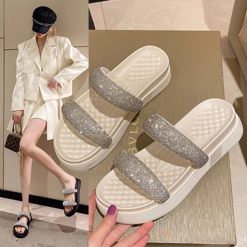 

Women Summer New Casual Slippers Female Fashion Rhinestone Platform Flats Outdoor Comfortable Solid Color Indoor Beach Slippers