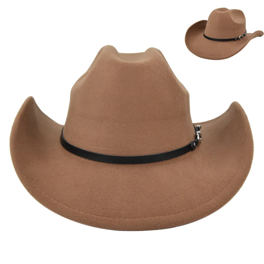 

New style cowboy hat top hat retro black woolen jazz hat flat brim big brim hat
