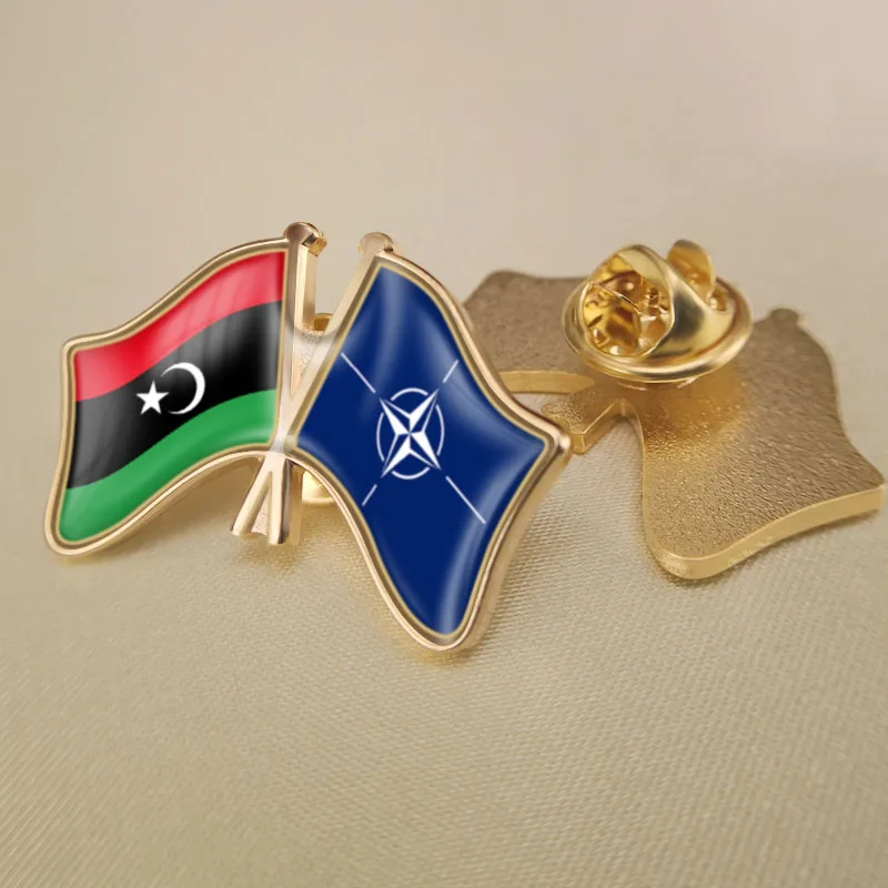 

Libya and NATO North Atlantic Treaty Organization Crossed Double Friendship Flags Lapel Pins Brooch Badges