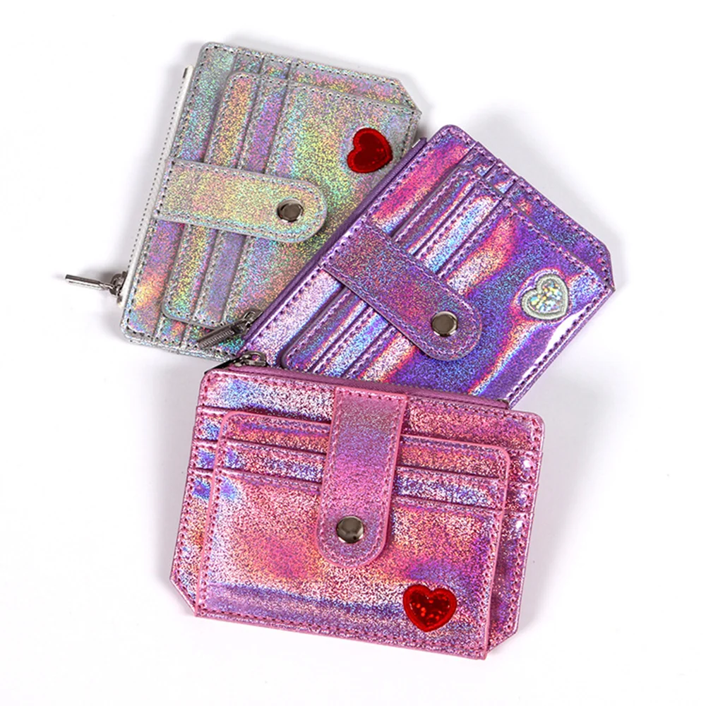 

Fashion Laser PU Card Case Wallet Coin Purse Zipper Buckle Cute Card Holder Women's PU Card Holder Heart Embroidery Zipper Bag