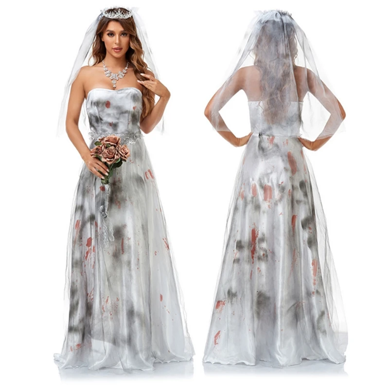 

Horror Ghost Bride Costume Scary Zombie Bride Costume For Women Halloween Performance Dress Masquerade Vampire Cosplay Outfit