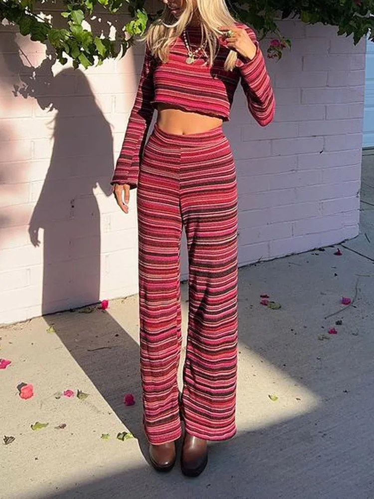 

Allover striped O-neck straight 2 Pieces pant Sets for Women Long Sleeve Elastic Waist Female crop top Casual High street Set