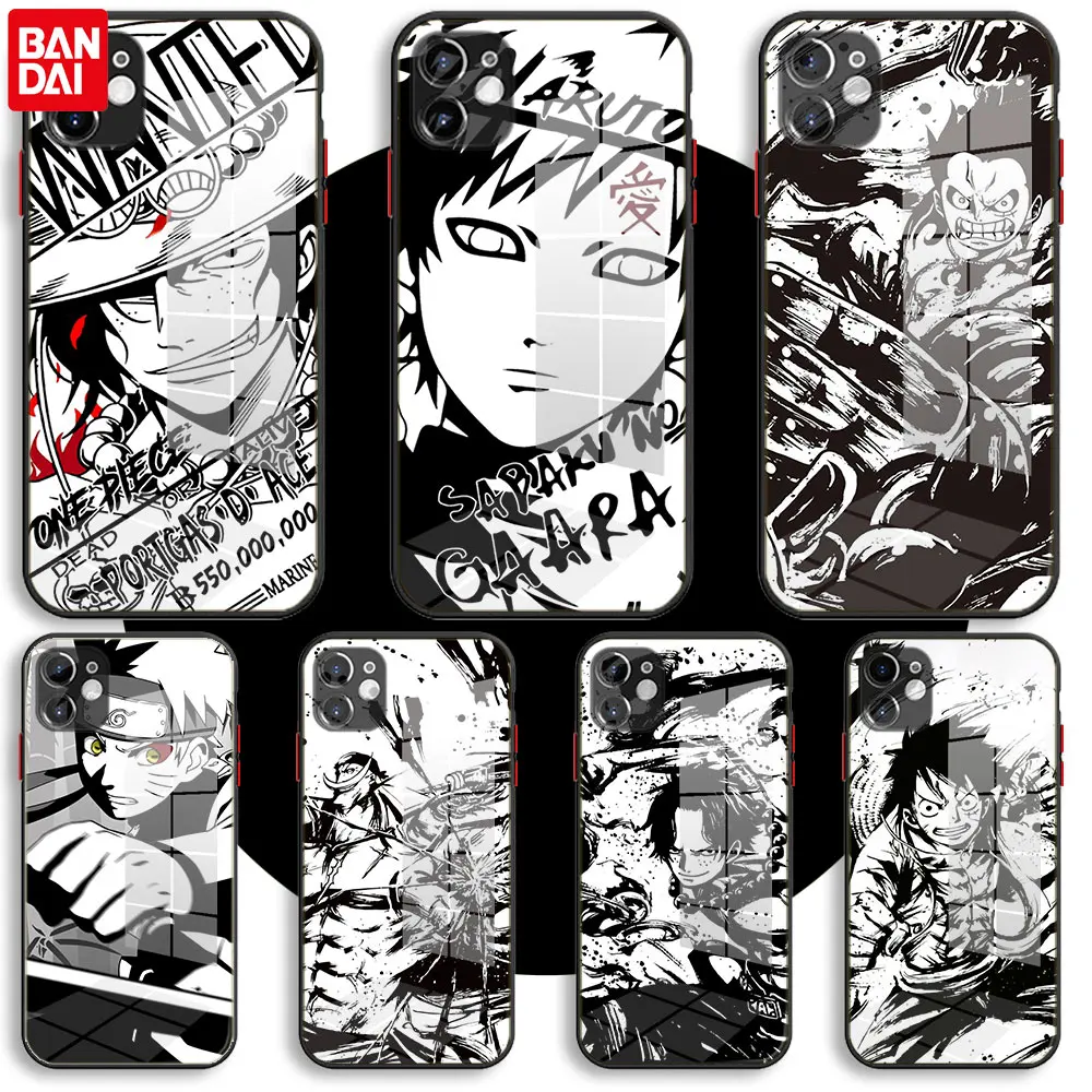 

Black Glass Case For iPhone 13 11 12 Mini Pro Max XS XR X 7 8 6 Plus SE Silicone Cover action figure Naruto One Piece style