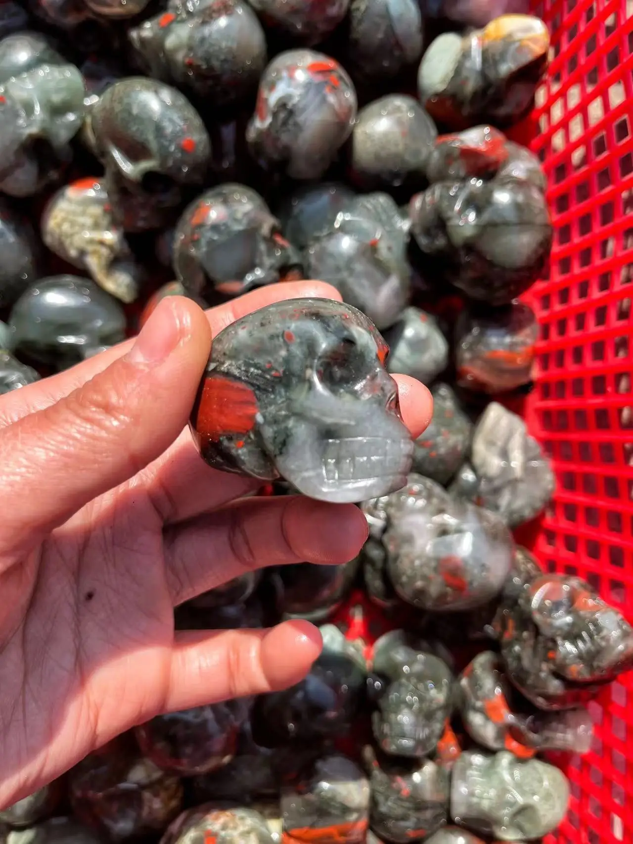 

Selling Customized unique natural Africa blood quartz hand-made small Red spots skull for home decoration