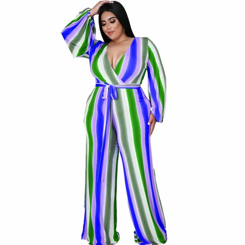 

Wide Leg Pants Jumpsuit Women Full Sleeve V Neck Empire Playsuits 2022 New Colorful Striped Print Street Style Casual Jumpsuits