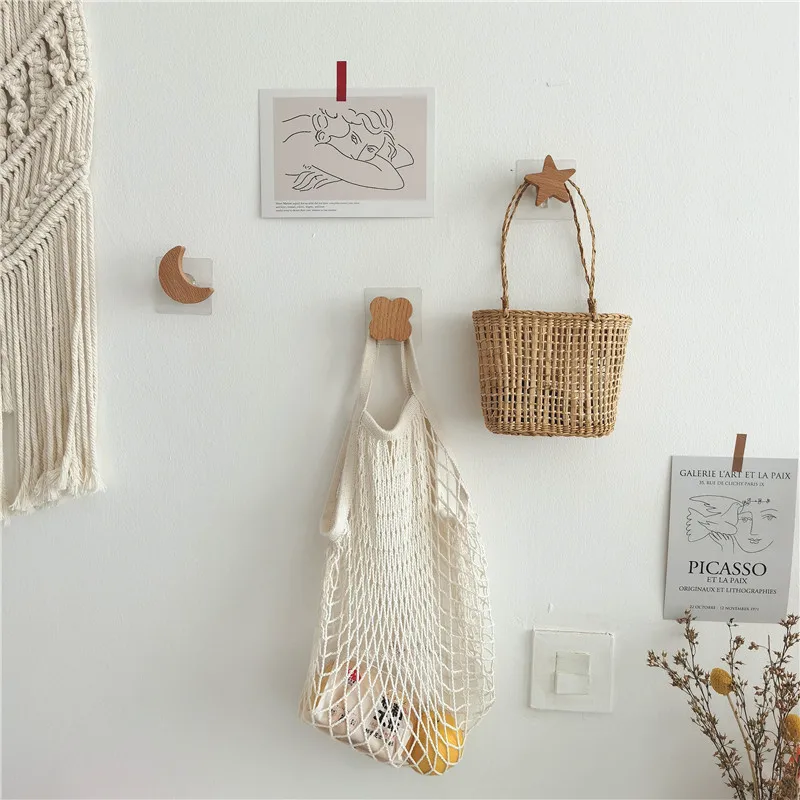 

INS Style Solid Wood Hook Star Moon Wall Mounted Hoy Door Punch-Free Wooden Peg
