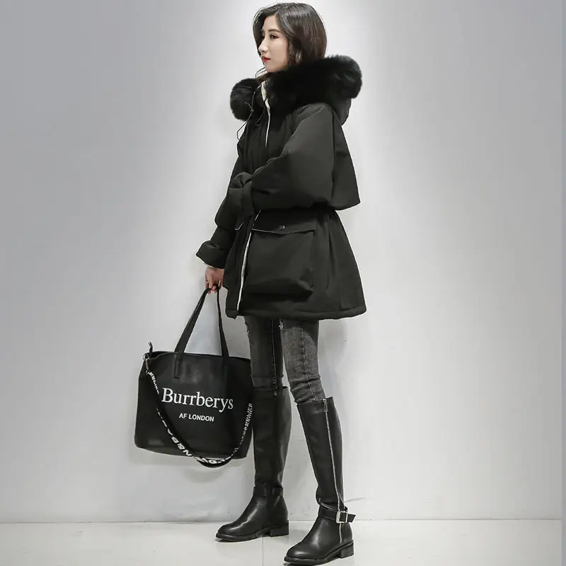 Down Jacket Female Winter 2022 Slim With Fur Collar Warm Wear Padded Clothes Thick Parka Long Coat Wool Liner Hooded Parkas