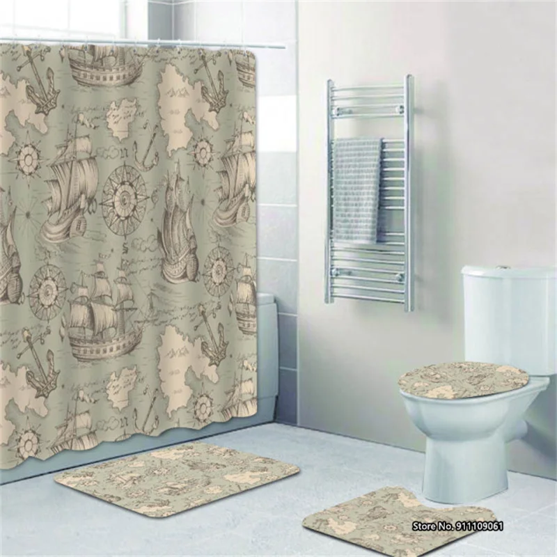 

Креативная ретро-шторка для душа, набор для ванной комнаты, домашний декор, 4 шт., коврик для ванной, коврик для туалета