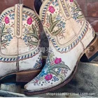 Женские ковбойские полусапожки с цветочной вышивкой, кожаные ботильоны с острым носком на толстом каблуке, новинка 2022, женские ботинки в Западном рыцарском стиле