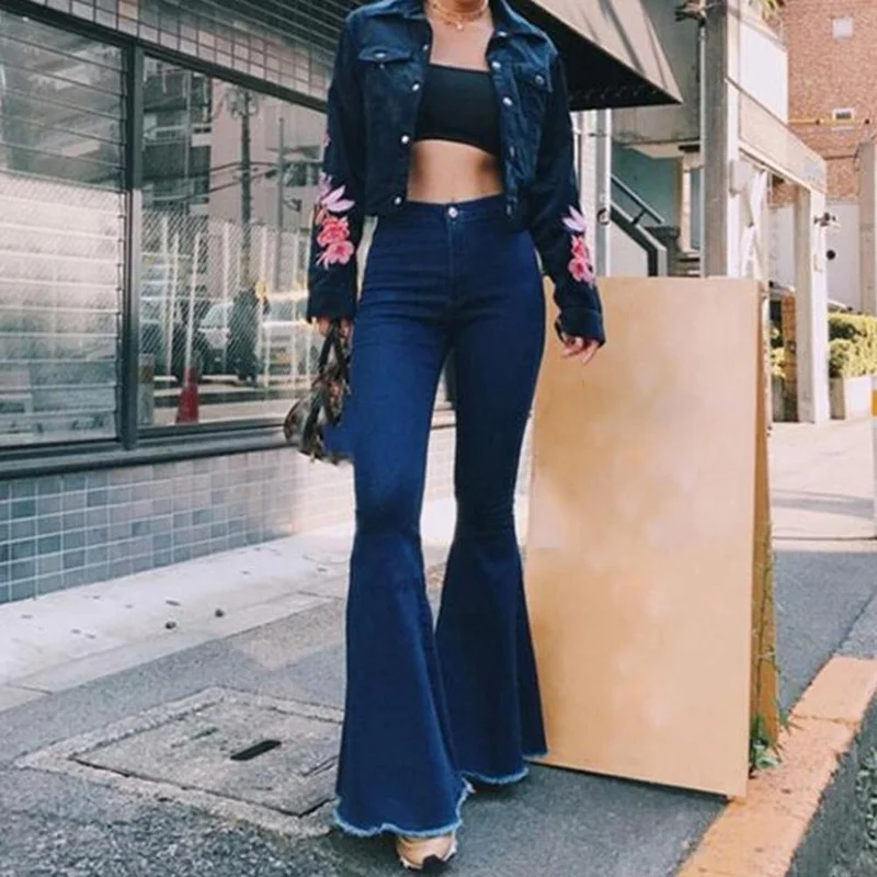 Women Solid Color Sexy High Waist Slim Bell-bottoms Denim Pants Pop Female High Waist Sports Leggings Fashion Trousers Fashion