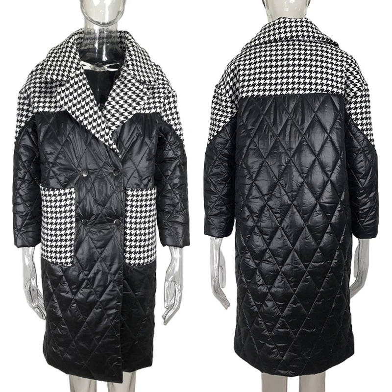 2023 Fall/Winter New Lapel Lapel Ladies Houndstooth Patchwork Fashion Coat Long Sleeve Stand Collar Elegant Loose Long Jacket