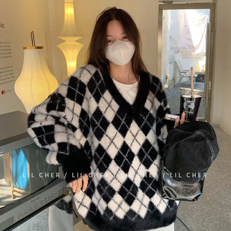 

Korean Fashion 스웨터 Argyle Sweater Woman Winter 2022 Trend Casual Loose Pullover Lazy Knit Cardigan Coat свитер оверсайз Jersey