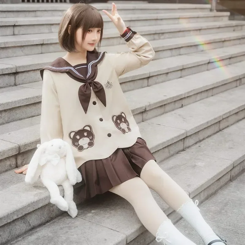 

Sleeved Suit Short Brown Tie Pleated Long Uniform Kawaii Bear With Girl Summer Sailor Student 2023 Female Cute