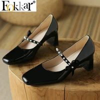 eokkar pearl mary janes square toe pumps 2022 fashion mid chunky heel pumps shoes for women patent leather pumps elegant shoes