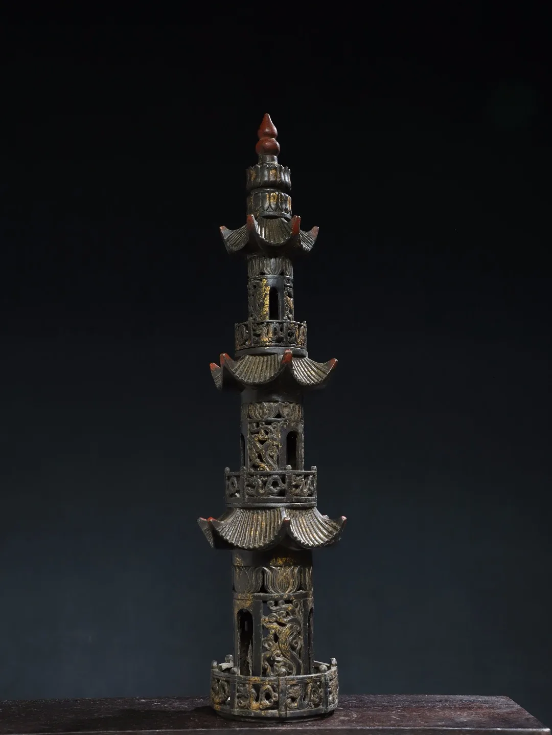 

27"Tibetan Temple Collection Old Bronze Cinnabar Mud gold Three story pagoda stupa Shakyamuni incense burner Worship Hall