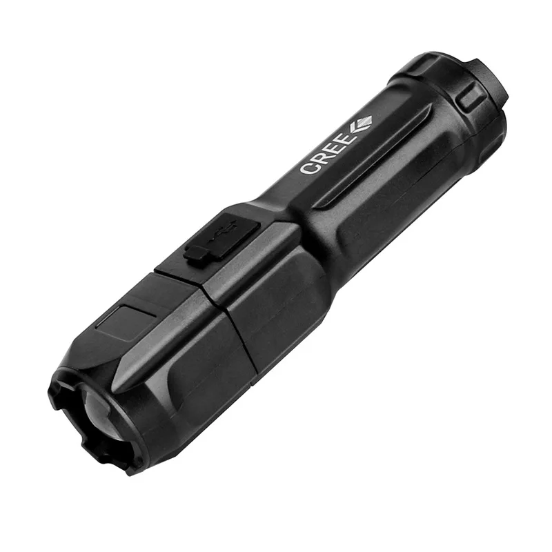 

Holding A Strong LED Plastic Flashlight With Focus Adjustment USB Charging Built In Battery Outdoor
