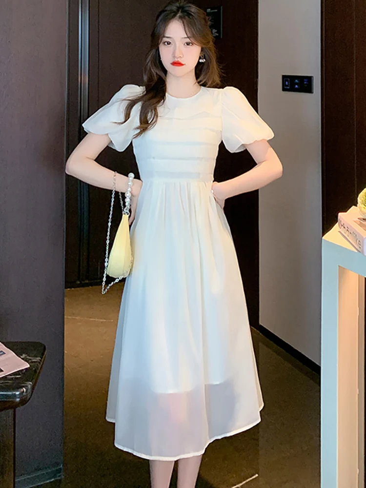 

Женское плиссированное платье средней длины, белое Элегантное повседневное платье в стиле бохо с пышными рукавами в Корейском стиле, лето 2023