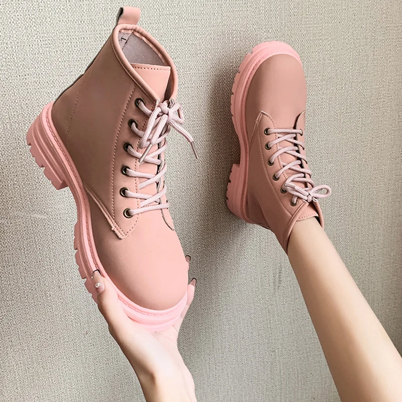 

Brand Women's Shoes White Ankle Boots Flat Heel Boots-Women Lace Up Round Toe Fashion Rock Low 2022 Med Rubber Ladies Autumn Lac