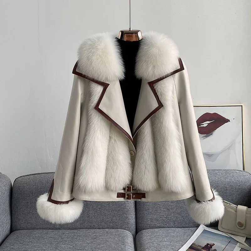 Whole Leather Fox Fur Fur Coat Women's Short Haining New Motorcycle Sheepskin down Jacket Coat