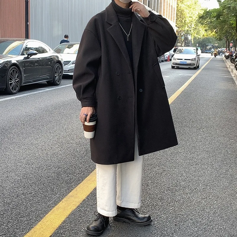 

Корейский тренд, мужское свободное повседневное однобортное пальто, осенне-зимние куртки, Модное новое шерстяное длинное пальто с длинным рукавом для мужчин