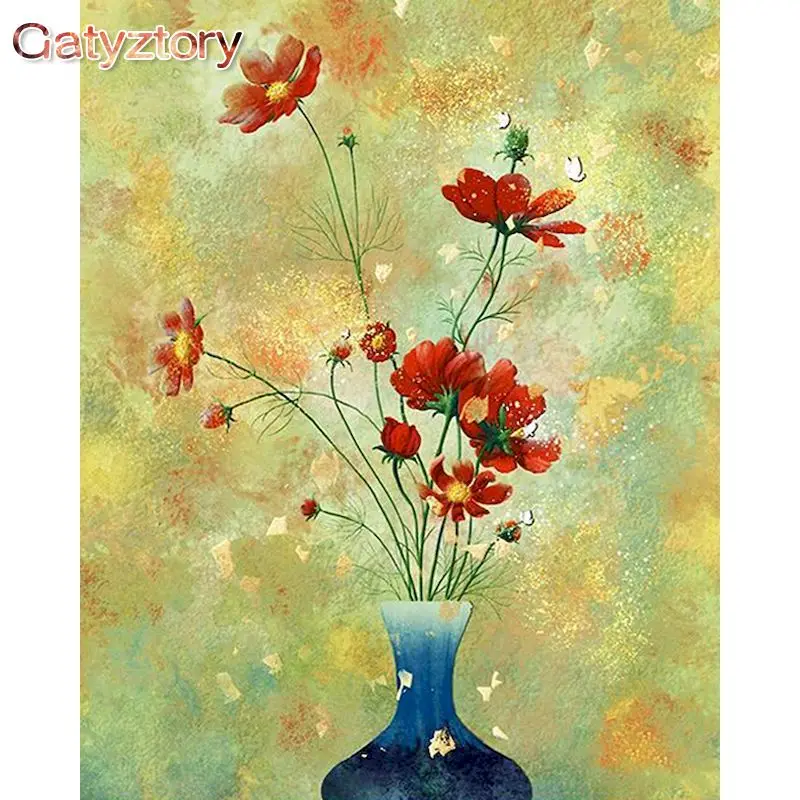 

GATYZTORY DIY Painting By Numbers For Adults Red Flowers Picture By Numbers Handpainted Oil Painting For Home Decors Crafts Kit