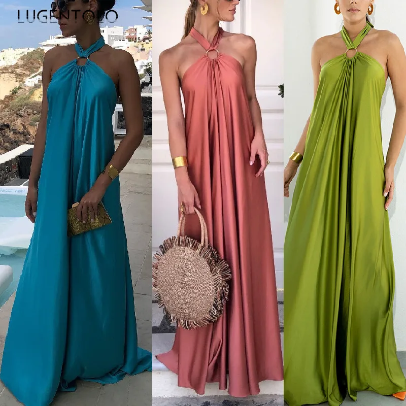 

Sexy Backless Dress Women Summer Elegant Satin Suspenders Halter Neck Ladies Solid Big Swing Loose Long Dress