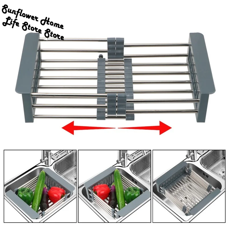 

Kitchen Organizer Accessories Adjustable Dish Drying Rack Washing Vegetable Drainer Fruit Drain Basket For Sink Stainless Steel