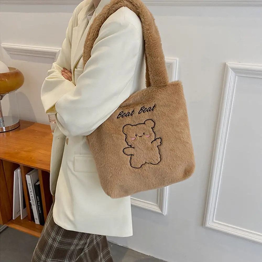 

Autumn Winter Large Capacity Bear Print Cute Soft Tote Bag Shopping Bags Plush Handbags Shoulder Bags