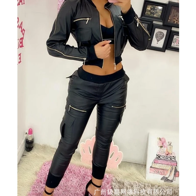 

Summer Autumn Jacket Women Solid Color Slim-Fit Cardigan Coat Women's Long Sleeve Zipped Stand Collar PU Short Baseball Jacket