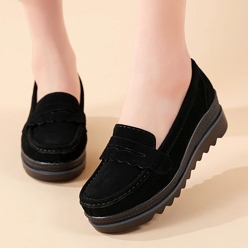 High Quality New Women Flats Platform Cow Suede Loafers Wedges Heeled Woman Casual Shoes Ladies Female Slip-on Shoes Moccasins