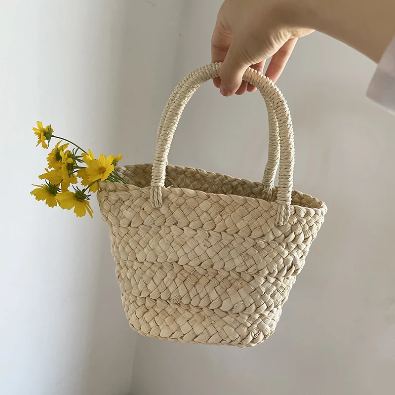 Handmade Hand-woven Small Woven Bag Corn Husk Handbag Basket Straw Rattan Bag Summer Parent-child Children's Straw Rattan Purse