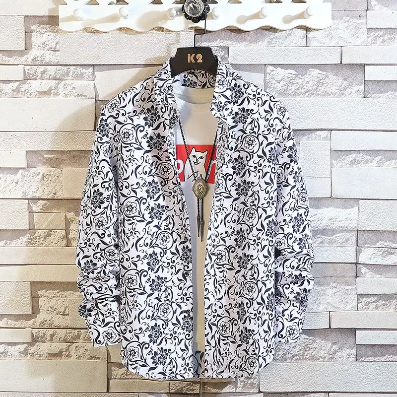 

2023 New Spring and Autumn Trend Fashion Fragmented Flowers Casual Loose Versatile Oversize Men's Simple Long Sleeve Coat Shirt