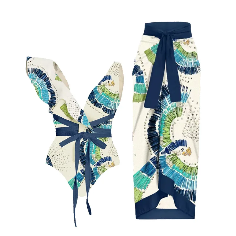 CPUTAN Green Print Deep V Bikini Set 2023 Cover Up Ruffle Straps Backless Sexy Beachwear Ladies Slim High Waist Summer Swimsuit