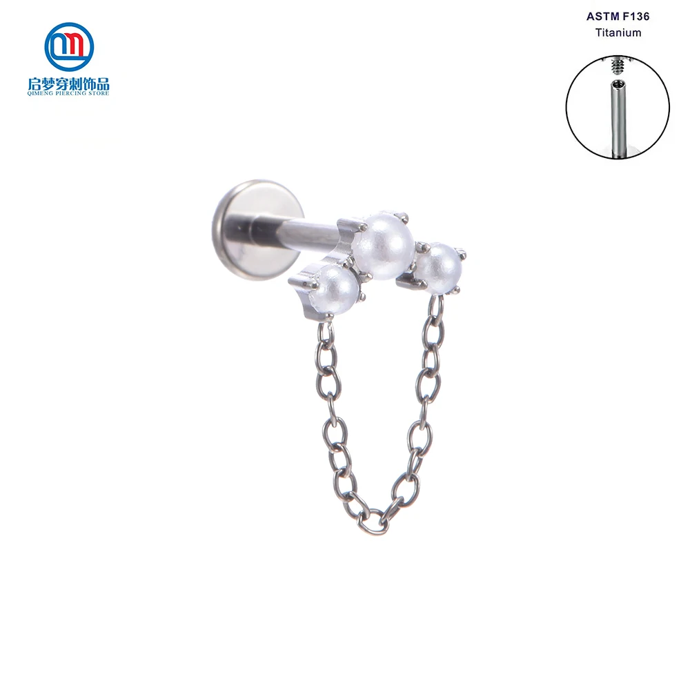 

ASTM F136 Titanium Internally Threaded Synthetic Pearls with Chains Labret Lip Earring Tragus Flat Helix Body Piercing Jewelry