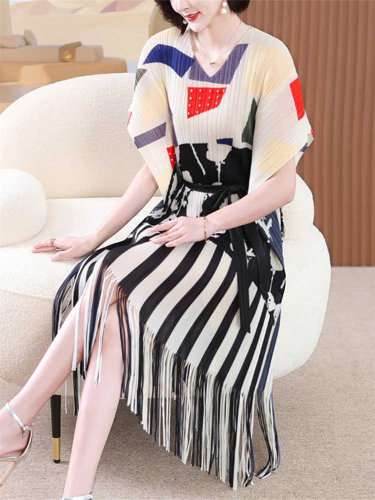 

Miyake Pleated Elegant Dress Short Batwing Sleeve Print New 2023 Summer Belt Medium Long Female Loose Party Clothing Dress Women