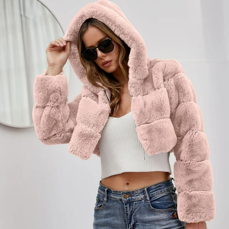 Women Faux Fur Hoodie Coat Autumn Winter High Quality Fluffy Short warm Faux Fur Jacket Overcoat Ladies Outerwear