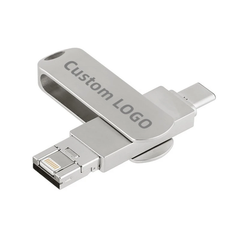 

2023 New Free Custom Name LOGO Color Metal Rotate OTG 3 in 1 Flash Drive USB3.0 + iPhone + Type-C interface 16GB 32GB 64GB 128GB