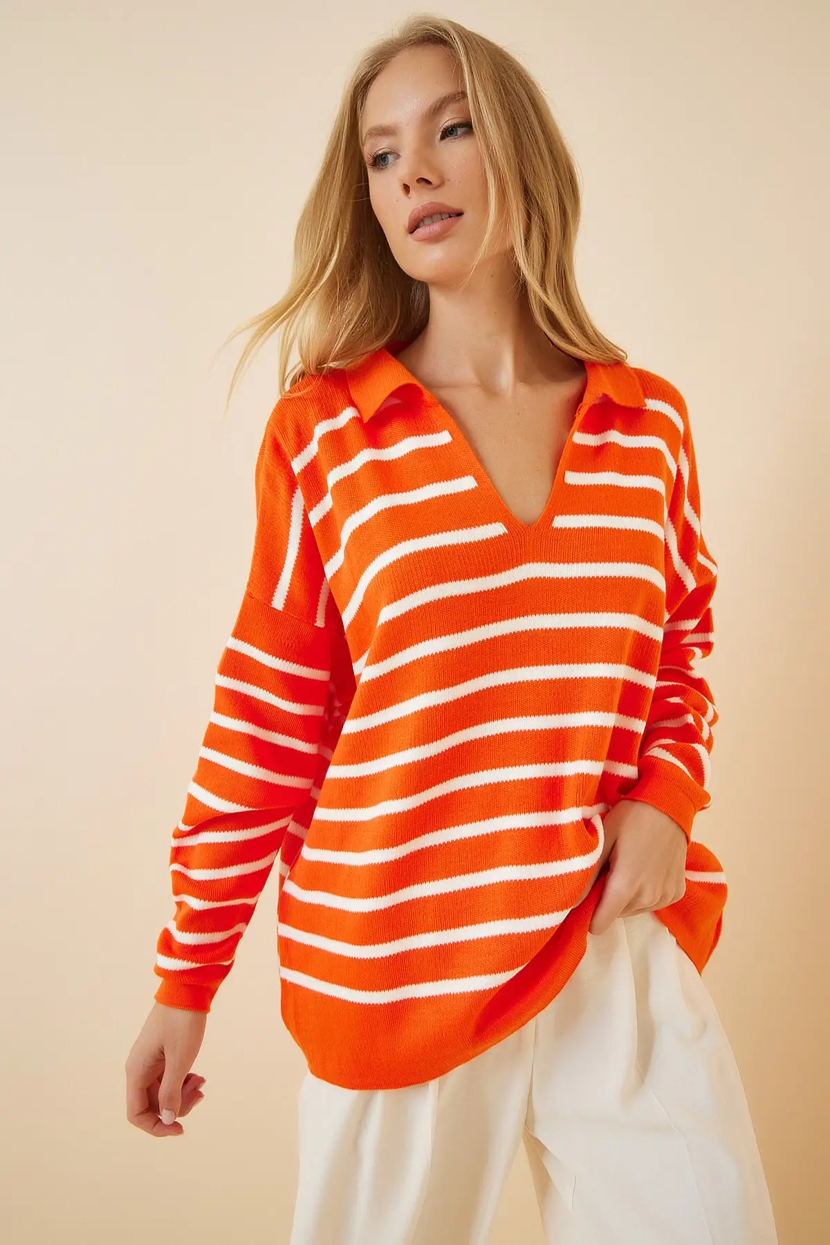 Women's Orange White Polo Collar Crop Knitwear Sweater US00293
