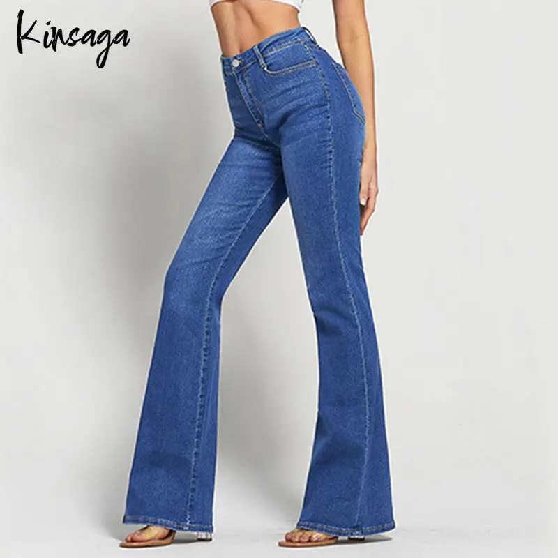 Женские брюки-клеш из джинсовой ткани, с высокой талией и широкимиштанинами
