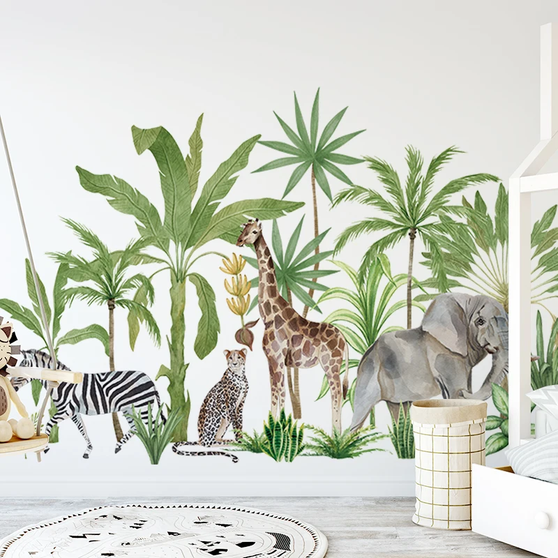 

Large Size 150cmx93cm Africa Animals Tropical Plants Watercolor Elephant Giraffe Wall Stickers for Kids Room Nursery Wall Decals