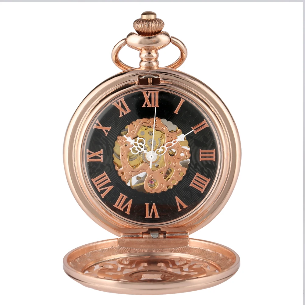 Trendy Rose Gold Manual Mechanical Pocket Chinese Knot Hollow Pattern Hand Winding Pocket Timepiece Vintage Fob Chain Man Clock